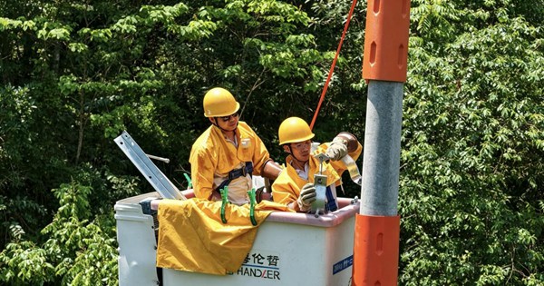 国网重庆武隆供电公司员工在仙女山镇带电组立电杆。夏梦潞摄