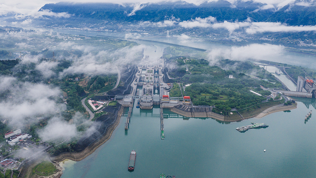 An aerial view of the Xiling Gorge of the Three Gorges on the Yangtze River, Yichang, central China's Hubei Province, on May 19, 2026. /VCG